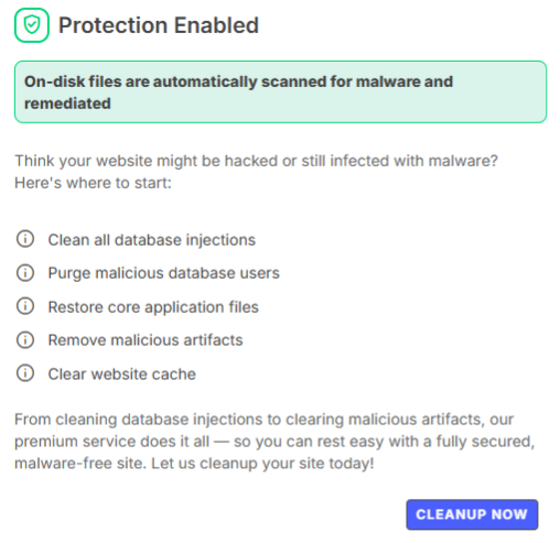 Bluehost Malware Protection -  Protection Enabled Section